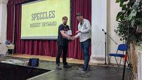 <a href="/BigglesTweetss/">Jim</a> and <a href="/Aos_specs/">Speccles</a> receiving the “taking part” and “biggest hard” awards. Both bringing their own flavour of fun to the event for co-players, NEO’s and the Spouses. Thanks guys!!!! #shadowconaos #shadowcon24