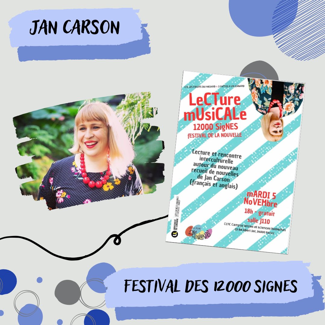 Jan Carson, auteur de la 4ème édition de la résidence en 2021-22, sera une fois de plus mise à l’honneur dans le cadre du Festival des 12000 signes le mardi 5 novembre à 18h en salle J110 😁 L’entrée est gratuite mais la réservation est conseillée :

docs.google.com/forms/d/1qz8PT…