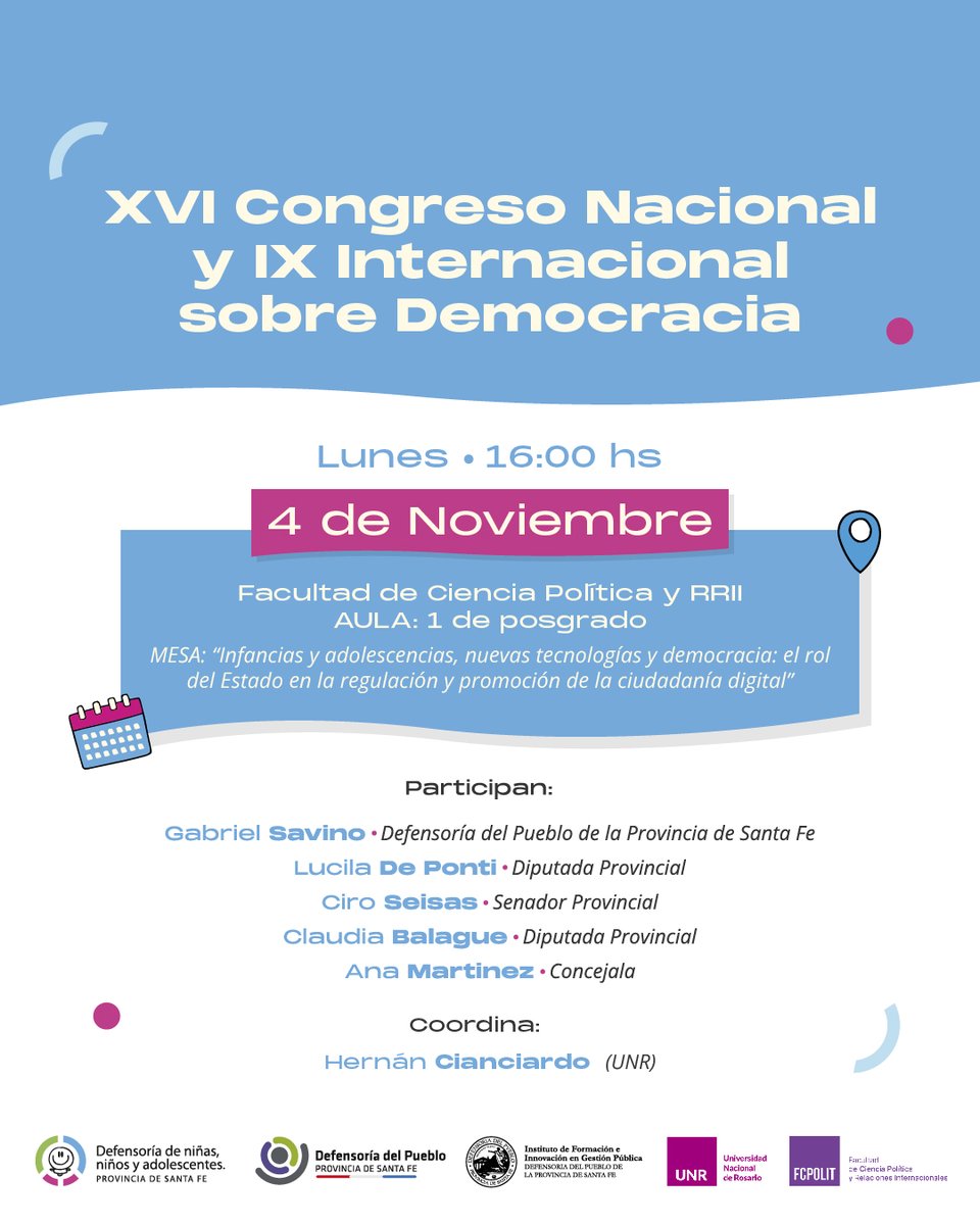 DefensoriaNNyA's tweet photo. 📢LA DEFENSORÍA TE INVITA AL CONGRESO DE LA DEMOCRACIA Estaremos a cargo de dos mesas de debate con temas de nuestra agenda institucional👇
Martes 4 de noviembre a las 16.00 conversamos sobre derechos digitales y a las 17.00 sobre reformas procesales.

@FCPolitUNR @UNRoficial https://t.co/cUlawy4NPN