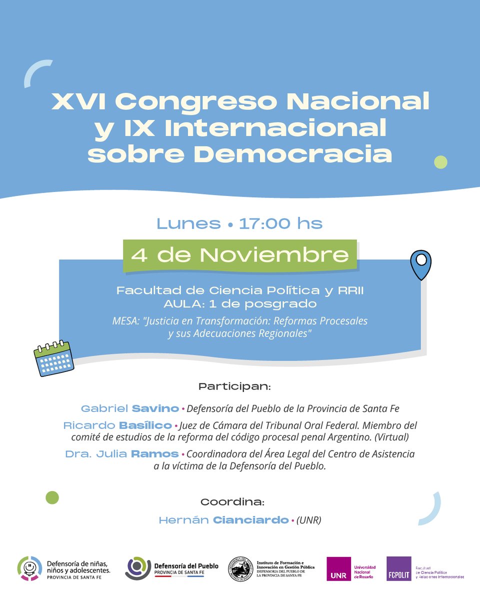 DefensoriaNNyA's tweet photo. 📢LA DEFENSORÍA TE INVITA AL CONGRESO DE LA DEMOCRACIA Estaremos a cargo de dos mesas de debate con temas de nuestra agenda institucional👇
Martes 4 de noviembre a las 16.00 conversamos sobre derechos digitales y a las 17.00 sobre reformas procesales.

@FCPolitUNR @UNRoficial https://t.co/cUlawy4NPN