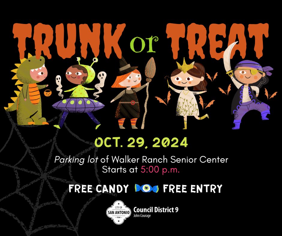 🎃 Get your costumes ready and bring your kiddos to Walker Ranch Senior Center for a fun Trunk or Treat 🍭
Free 🍕pizza, face painter, candy, and awesome tunes 🎶