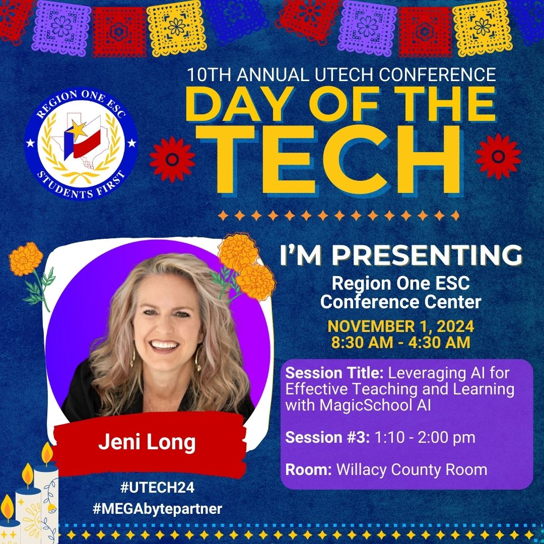 Jeni Long 💜🪄 (@jlo731) on Twitter photo I'm so excited to be heading back to <a href="/RegionOneESC/">Region One ESC</a> on Friday! I'd love to know if you will be there. I will be presenting & set up in the exhibitor area as well! Be sure to stop by & say hi, grab a selfie, & snag some MAGICal swag. 💜🪄
#UTECH24 #MEGAbytepartner #magicschoolai I'm so excited to be heading back to <a href="/RegionOneESC/">Region One ESC</a> on Friday! I'd love to know if you will be there. I will be presenting & set up in the exhibitor area as well! Be sure to stop by & say hi, grab a selfie, & snag some MAGICal swag. 💜🪄
#UTECH24 #MEGAbytepartner #magicschoolai