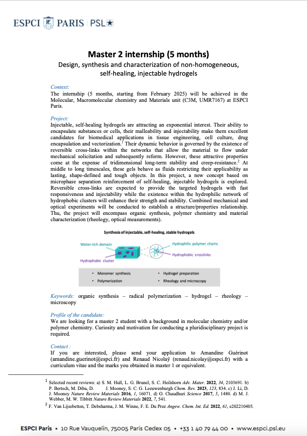 📢🚨 New M2 internship offer!
Interested  in macromolecular chemistry, and organic synthesis? Join the team and  study the formation of self-healing, injectable hydrogels! ⬇
