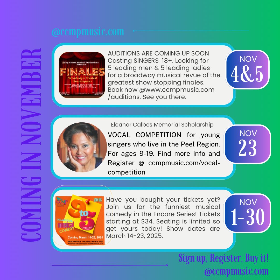 CcmpMusical's tweet photo. What to look forward to in November. @insauga @ACTCOtheatre @MTMencore #meadowvaletheatre #ccmp9to5 #mississauga #meadowvale #vocalcompitition #dollypartonfans #adultvocalists https://t.co/XpBrKxl3lg