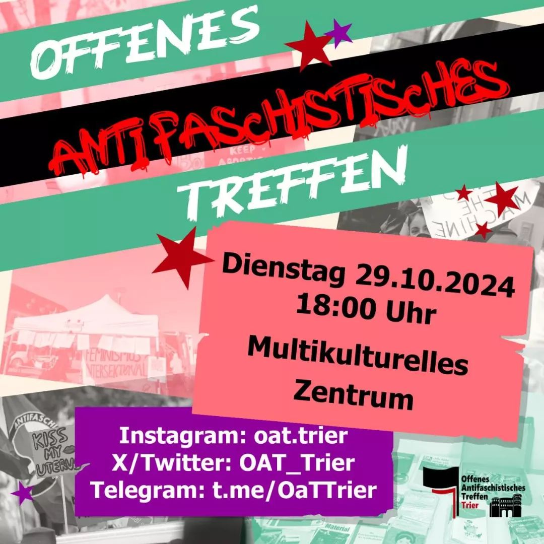 CleoKlinger's tweet photo. Trier braucht euch Dienstag!
#LautgegenRechts #AfDVerbotjetzt #NiewiederistJetzt
#oat #antifa #antifaschismus #antifascism #antifaschistischeaktion #offenestreffen #politik #lokalpolitik #trier #rlp https://t.co/ehdBz5RffU