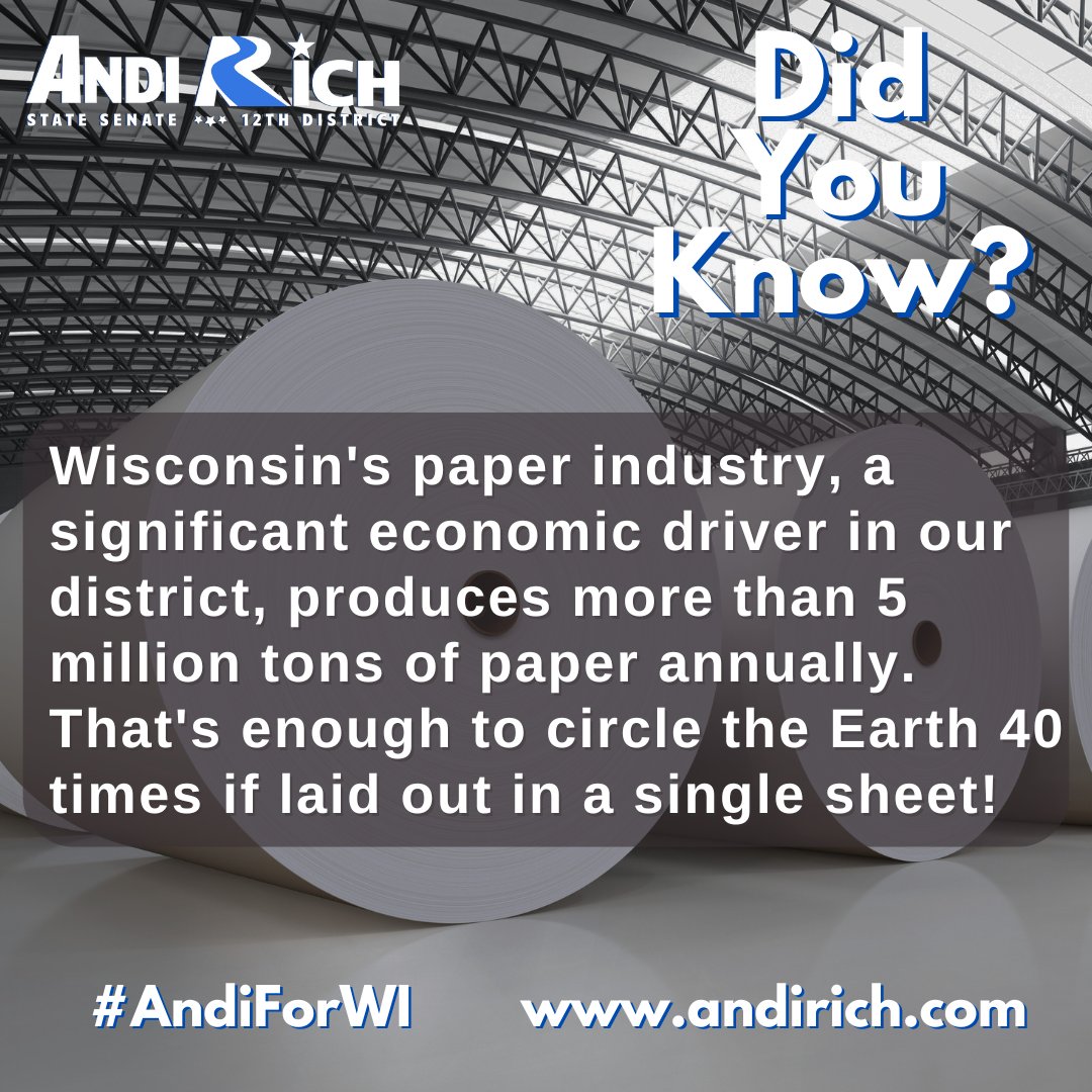 AndiRichWI's tweet image. Did You Know? Wisconsin&apos;s paper industry, a significant economic driver in our district, produces more than 5 million tons of paper annually. That&apos;s enough to circle the Earth 40 times if laid out in a single sheet!
#AndiForWI #Northwoods #DidYouKnow