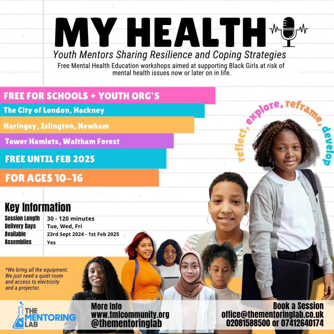 Free mental health workshops for Black girls aged 10 to 16 in London!

Build resilience with My Health by The Mentoring Lab, available to schools and youth organizations until February 2025!

🔗 Book here: tmlcommunity.org

#BlackGirlsEvent #FreeWorkshops