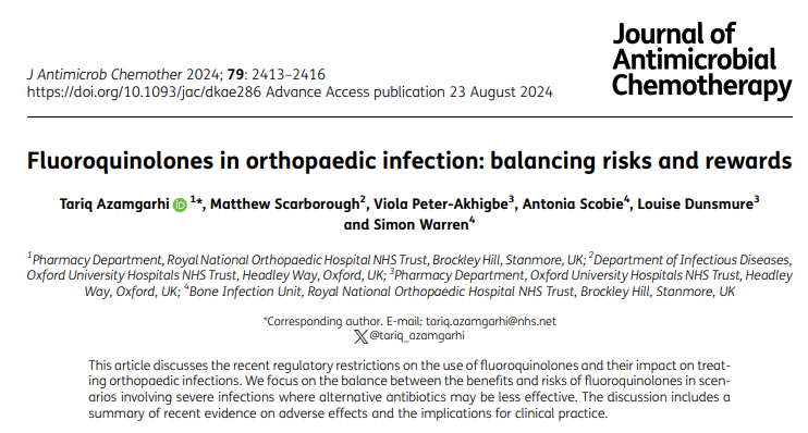 【Fluoroquinolones in orthopedic infection: balancing risks and rewards】J Antimicrob Chemother, Aug 2023

👉Important discussion regarding the use of Fluoroquinolones in orthopedic infection! 🇬🇧

academic.oup.com/jac/article/79…

#IDMedEd #IDFellow <a href="/MSISorg/">Musculoskeletal Infection Society</a> <a href="/EBJIS_/">European Bone and Joint Infection Society (EBJIS)</a> <a href="/jointapproach/">The Joint Approach Podcast</a>