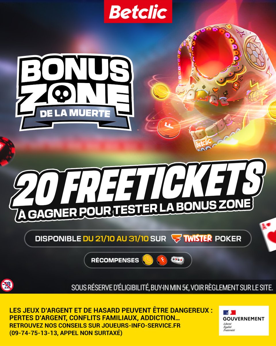Betclic's tweet image. ♠️ DES FREETICKETS POUR TESTER LA BONUS ZONE DE LA MUERTE 💀

20 Freetickets de 5€ à gagner pour que tu puisses tenter ta chance dans la Bonus Zone ! 🎁

Pour participer :
🔁 RT + #BonusZoneBetclic 
🍀 TAS le 29/10 à 10h