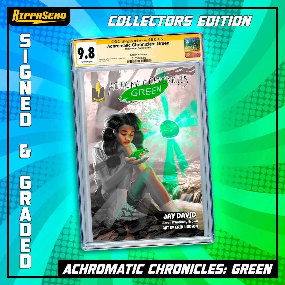 RippaverseComic's tweet photo. The Rippasend campaign for Achromatic Chronicles: Green is off to a very slow start, having raised only $36k of it's $50k goal despite a campaign littered with pricey merch.

Will you be purchasing the $150 signed and graded collector's edition? https://t.co/a74GZnnDKz