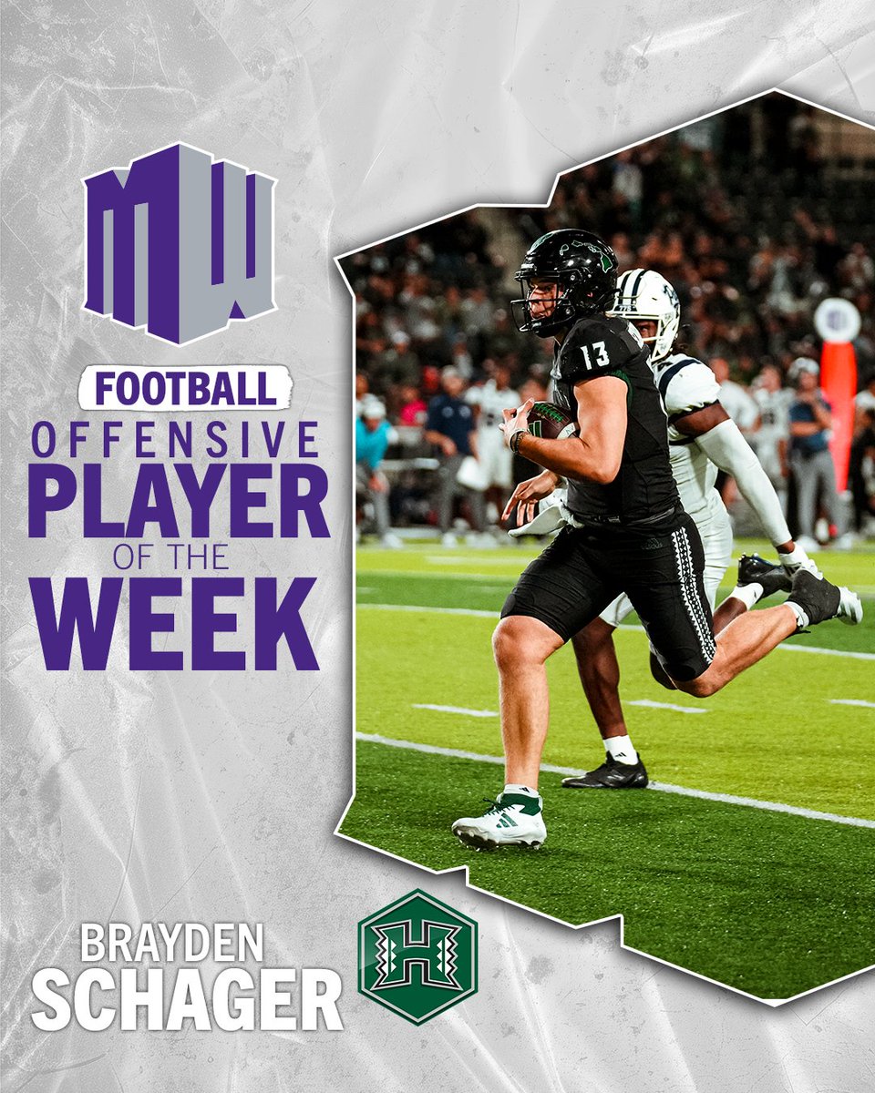 Mountain West (@mountainwest) on Twitter photo πππππ§π¬π’π―π ππ₯ππ²ππ« π¨π ππ‘π ππππ€ β‘οΈ ππ«ππ²πππ§ πππ‘ππ ππ«
Schager totaled 273 yards, including 153 passing and a career-high 120 rushing, with four rushing touchdowns in Hawaiβiβs 34-13 victory over Nevada!
#MWFB | #GoBows πππππ§π¬π’π―π ππ₯ππ²ππ« π¨π ππ‘π ππππ€ β‘οΈ ππ«ππ²πππ§ πππ‘ππ ππ«
Schager totaled 273 yards, including 153 passing and a career-high 120 rushing, with four rushing touchdowns in Hawaiβiβs 34-13 victory over Nevada!
#MWFB | #GoBows