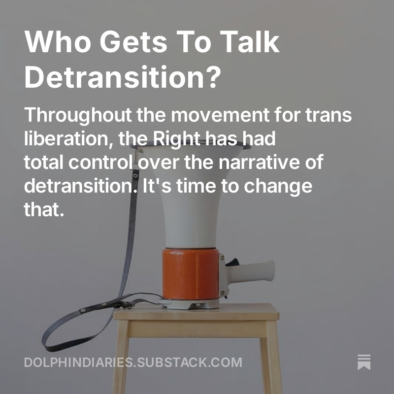 I'm a detrans lesbian and I'm sick of grifters and GCs getting to define what it means to detransition. So I decided to start a blog (and this account) about it.

Read my thoughts here: tinyurl.com/53dr9mhm