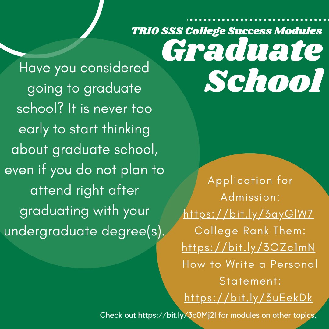 nw_triosss's tweet image. Have you considered going to graduate school? It is never too early to start thinking about graduate school, even if you do not plan to attend right after graduating with your undergraduate degree(s).

#collegesuccessmodules #TRIOSSS #graduateschool