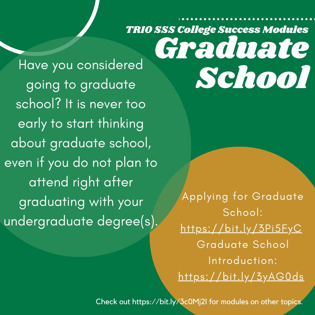 nw_triosss's tweet image. Have you considered going to graduate school? It is never too early to start thinking about graduate school, even if you do not plan to attend right after graduating with your undergraduate degree(s).

#collegesuccessmodules #TRIOSSS #graduateschool