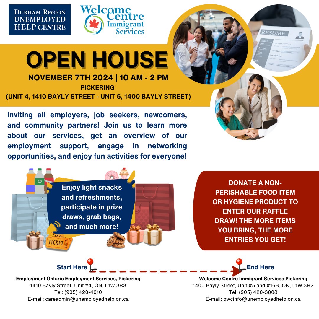 denc_canada's tweet image. 🎉 Employers, job seekers, and community partners! Join us for a day of fun, raffle draws, and networking! #OpenHouse #PickeringEvents #CareerOpportunities #NetworkingFun #RaffleDraws #JoinUs