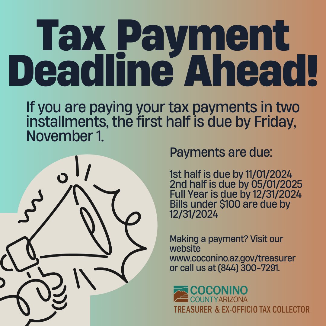 CoCoTreasury's tweet image. Attention! The first deadline for tax payments is less than a week away! If you are paying your tax payment in two installments, the first half is due by Friday, November 1st! The next half won't be due until May 1st, 2025!