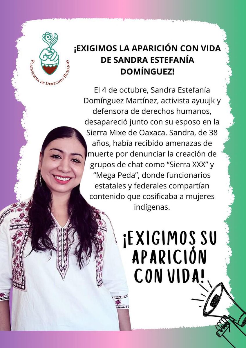 ConArte Internacional (@conarte_int) on Twitter photo Desde España exigimos que la búsqueda de la abogada mixe Sandra Domínguez <a href="/sandramixe/">Sandra Domínguez</a> se haga según los protocolos adecuados sin mayor victimización Exigimos su presentación con vida <a href="/salomonj/">Salomón Jara Cruz</a> <a href="/FISCALIA_GobOax/">Fiscalía General</a> <a href="/ONUMujeres/">ONU Mujeres</a> <a href="/ONUDHmexico/">ONU-DH México</a> <a href="/culturerasred/">mujeresxlacultura</a> Desde España exigimos que la búsqueda de la abogada mixe Sandra Domínguez <a href="/sandramixe/">Sandra Domínguez</a> se haga según los protocolos adecuados sin mayor victimización Exigimos su presentación con vida <a href="/salomonj/">Salomón Jara Cruz</a> <a href="/FISCALIA_GobOax/">Fiscalía General</a> <a href="/ONUMujeres/">ONU Mujeres</a> <a href="/ONUDHmexico/">ONU-DH México</a> <a href="/culturerasred/">mujeresxlacultura</a>