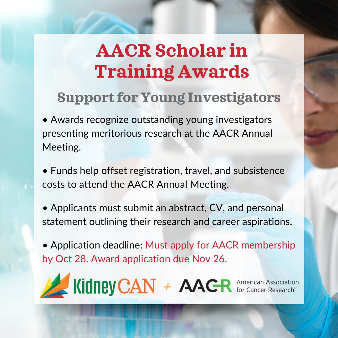 kidneycan's tweet photo. Make your mark in #kidneycancer research!
We’re partnered with @AACR to support early-career researchers with the AACR #ScholarsInTraining Award. Apply for AACR membership TODAY to submit application by 11/28.
🔗https://t.co/2sBsMqdp5a
#AcceleratingCures #AACRScholars https://t.co/wmbHGoxxiN