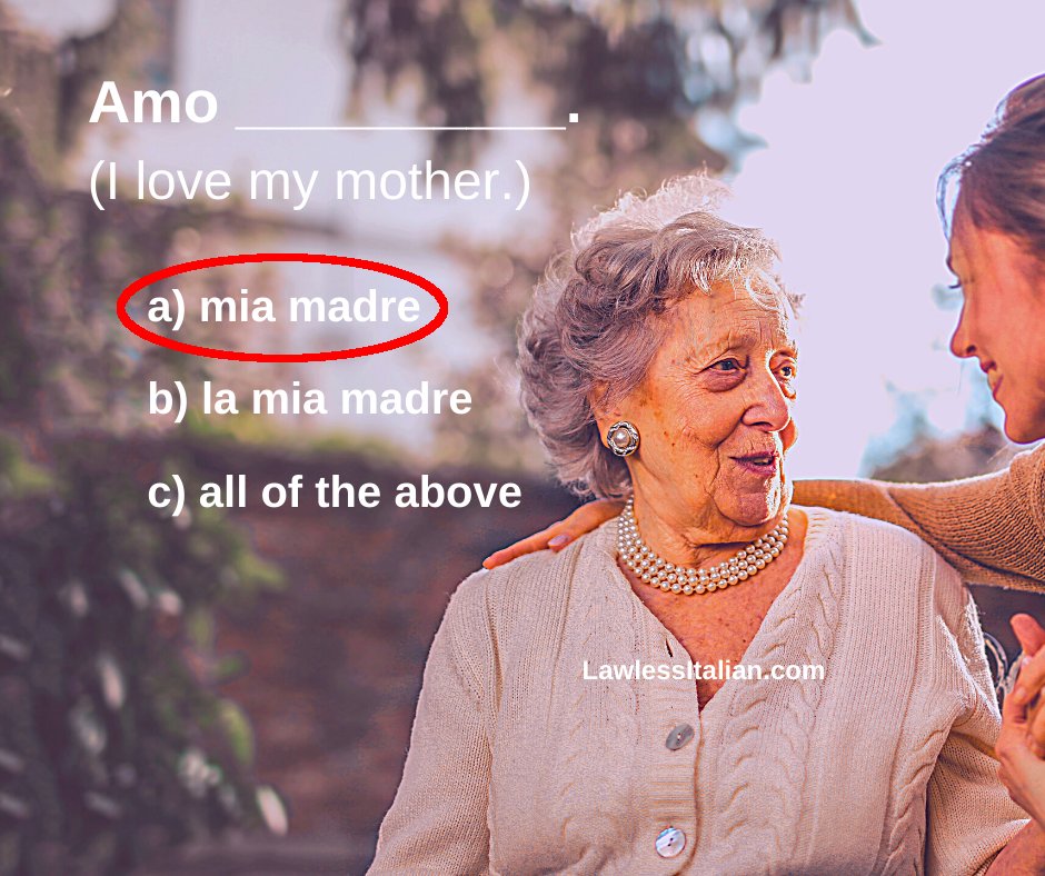 Usually, Italian possessive adjectives are expressed w/ two words, one of them being a definite article like il or la. One exception to that rule is when referring to a family member, like a mother, father or sibling in the singular: lawl.es/it-poss-adj #italian #learnitalian