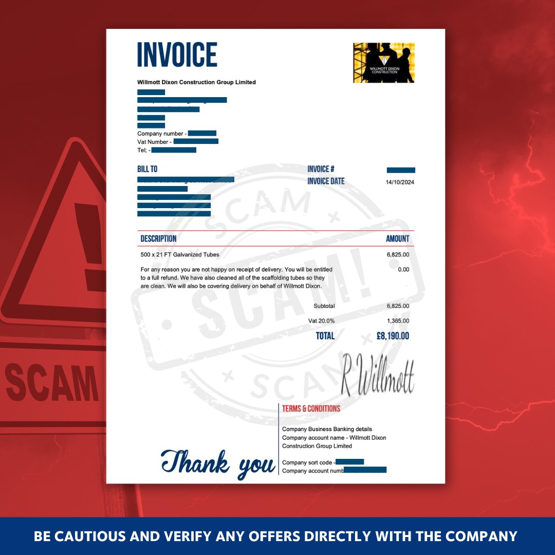 🚨 SCAM WARNING 🚨

Beware of fake emails claiming Willmott Dixon is selling equipment like scaffolding, forklifts, and skips. Scammers are using genuine-looking email addresses—only revealing issues on the invoice.

Stay cautious and verify offers directly.