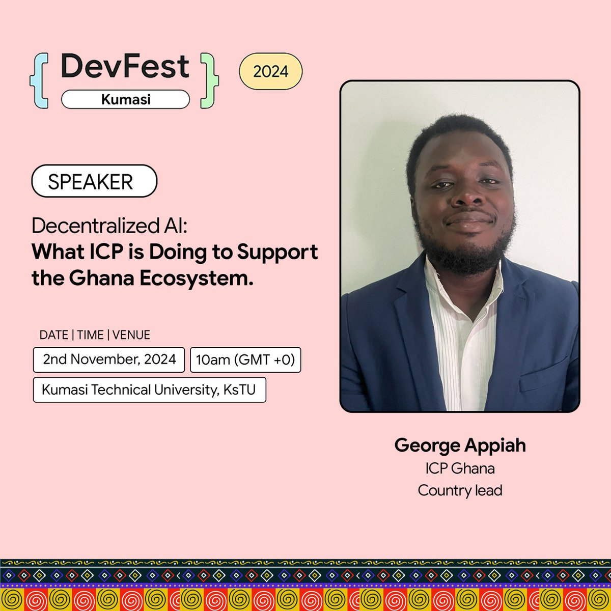 icphub_GH's tweet photo. We're excited to announce that Ghana Spoke @iamgeorgepro, will be speaking at #DevFestKumasi on "Decentralized AI: What ICP is doing to support the Ghana ecosystem." 🇬🇭
@iamgeorgepro will share how the Internet Computer Protocol (ICP) is empowering Ghanaian developers to build innovative AI applications on a decentralized platform.
This is a can't-miss session for anyone interested in the future of AI, Web3, and the thriving tech ecosystem in Ghana. See you there!