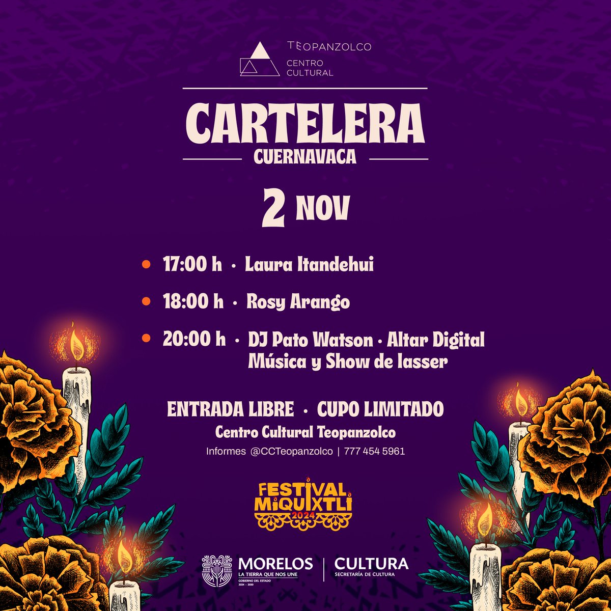 CCTeopanzolco's tweet photo. 🎉
Este 2 de noviembre, tenemos preparada una noche inolvidable llena de talento y tradición.

🎶 Las actividades en el CCT son
- Entrada libre  
- Acceso peatonal
- Cupo limitado  

#FestivalMiquixtli #LaCulturaNosUne #CCTeopanzolco https://t.co/5D82zRu24Y
