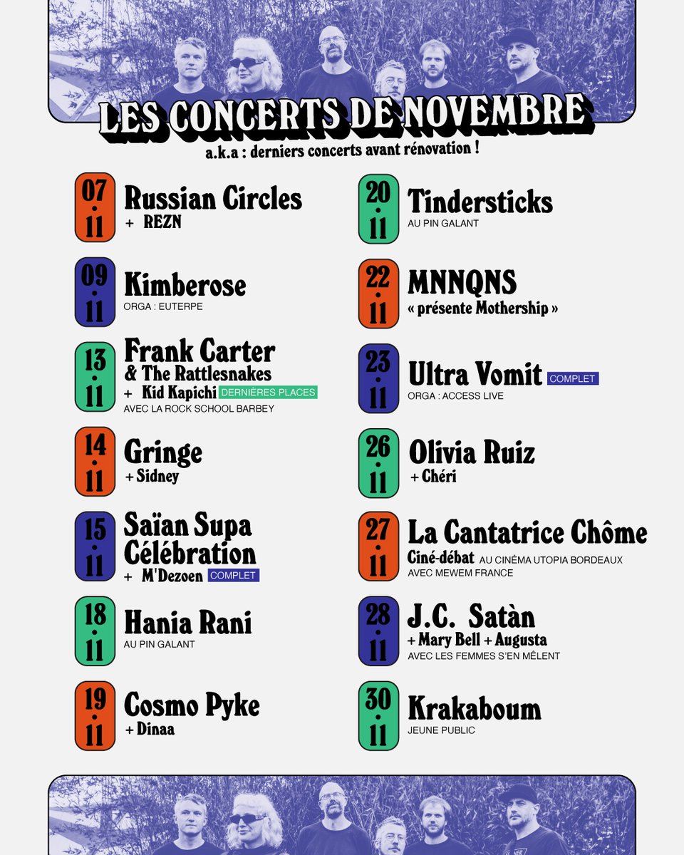 🪩 𝗟𝗘𝗦 𝗖𝗢𝗡𝗖𝗘𝗥𝗧𝗦 𝗗𝗘 𝗡𝗢𝗩𝗘𝗠𝗕𝗥𝗘 🪩

Le Krakatoa met les bouchées doubles pour son dernier mois avant rénovation ! Venez écouter votre artiste préféré·e, découvrir la sensation indé du moment ou simplement faire un dernier coucou à ce bon vieux Krakat' !