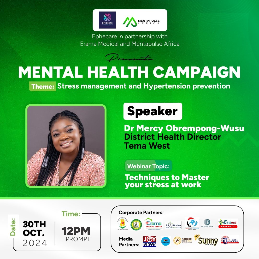 🚨 Big news! MentaPulse Africa is teaming up with Ephecare International to kick off a stress management campaign in Ghana. 

Free webinar on October 30th at 12pm.

Theme: "Techniques to Master Your Stress at Work".