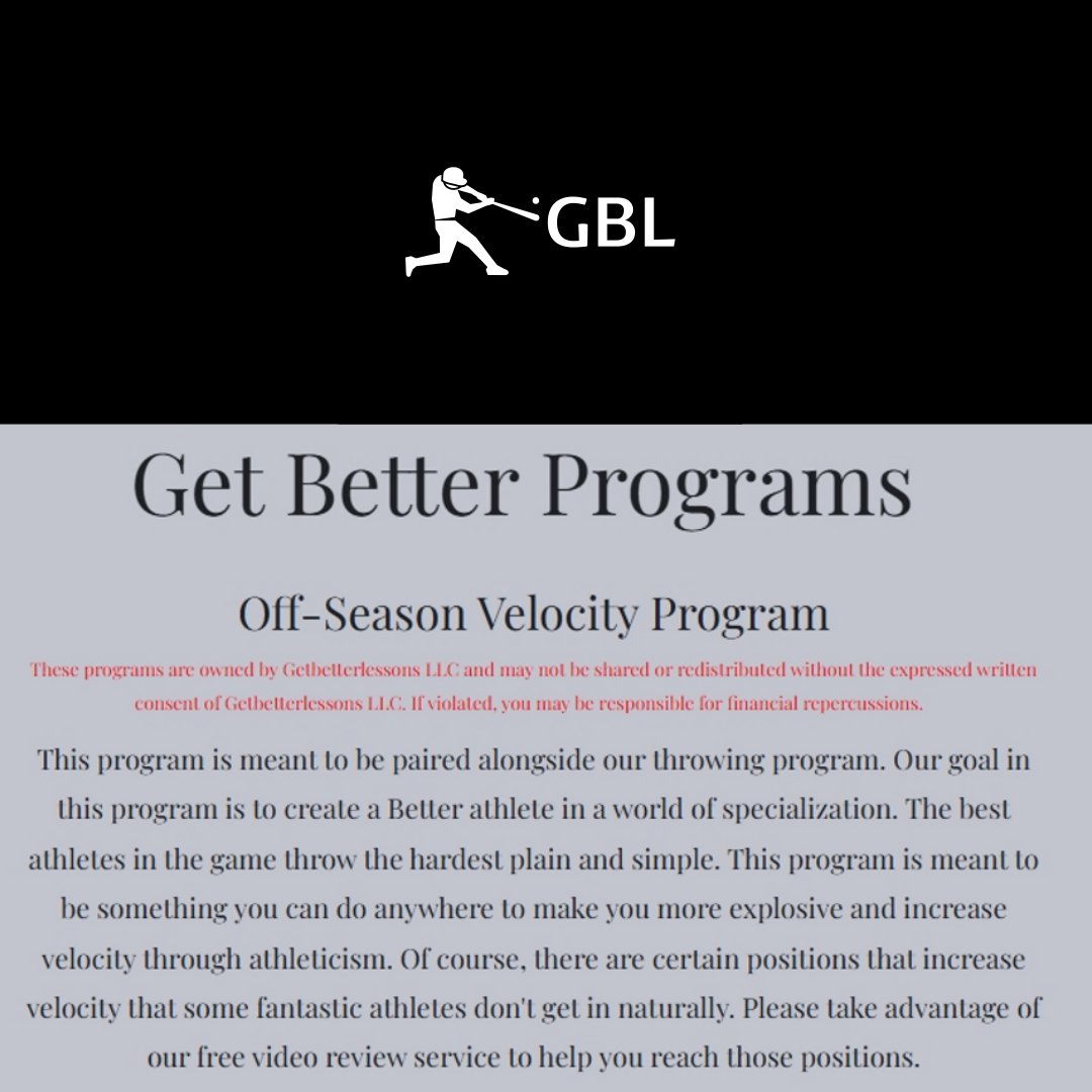 GetBetterLesson's tweet image. Here is a sneak peek of our throwing and velocity programs you receive with our Get Better Pro Membership! Check us out today at getbetterlessons.com (reminder: first 25 subscribers get 50% off starting at midnight on Halloween)