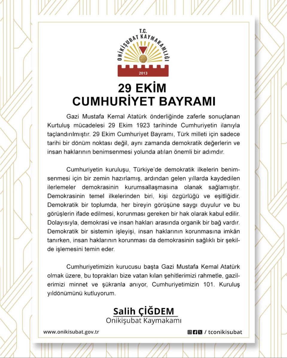 Sayın Kaymakamımız Salih ÇİĞDEM'in 29 Ekim Cumhuriyet Bayramı Mesajı
#29EkimCumhiyetBayramı #Cumhuriyetimizin101Yılı