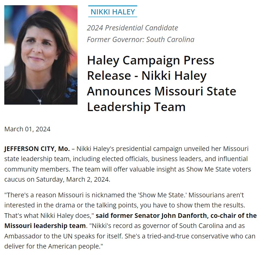 HaleyVte4Harris's tweet photo. Former U.S. Senator and UN Ambassador Jack Danforth - who strongly condemns Donald Trump - was the leader of @NikkiHaley's Leadership Team in Missouri.

He joins Haley's leaders in Iowa, Michigan, Vermont, California, Maine, Utah, and Virginia that are opposing Trump. https://t.co/GGDS1w1VkI