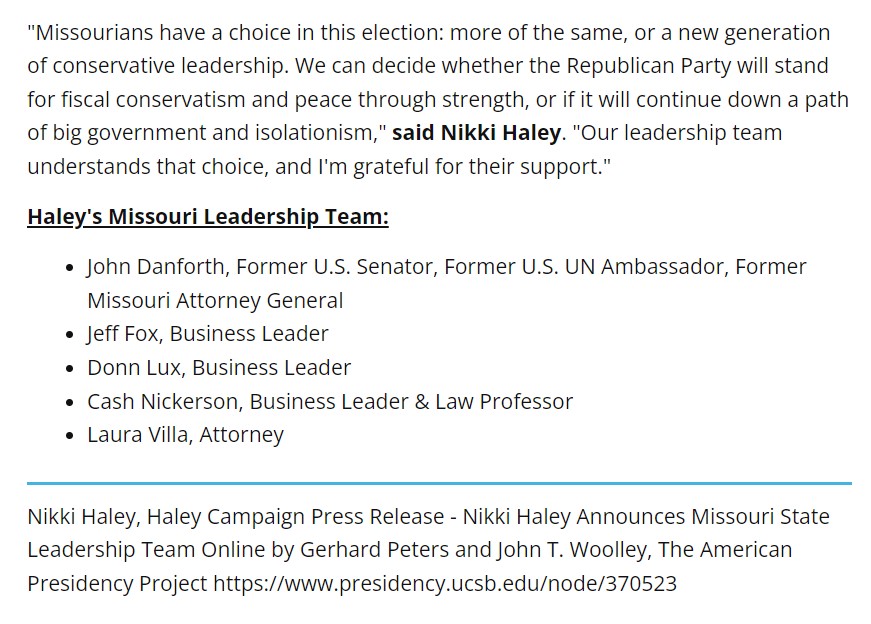 HaleyVte4Harris's tweet photo. Former U.S. Senator and UN Ambassador Jack Danforth - who strongly condemns Donald Trump - was the leader of @NikkiHaley's Leadership Team in Missouri.

He joins Haley's leaders in Iowa, Michigan, Vermont, California, Maine, Utah, and Virginia that are opposing Trump. https://t.co/GGDS1w1VkI