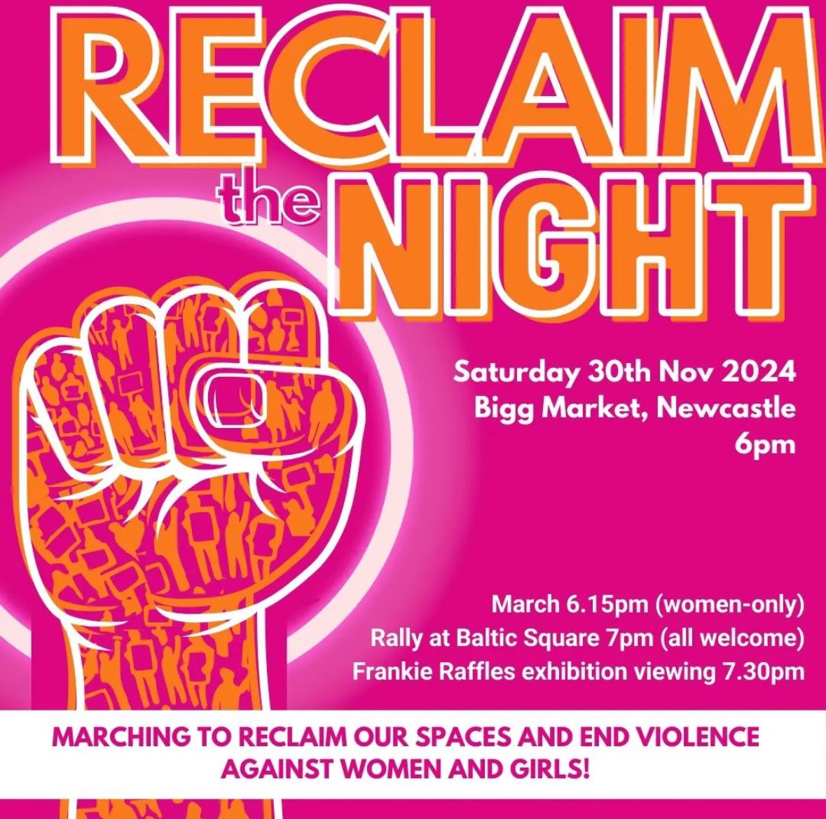 KiMcGuinness's tweet photo. Women of the North East- join us to reclaim the night!

Because everyone deserves the right to feel safe on our streets.

We’ll march together in solidarity as we loudly say- we’ll never accept violence against women and girls.

Saturday 30th November- Bigg Market, Newcastle. https://t.co/1AMki5kQhH