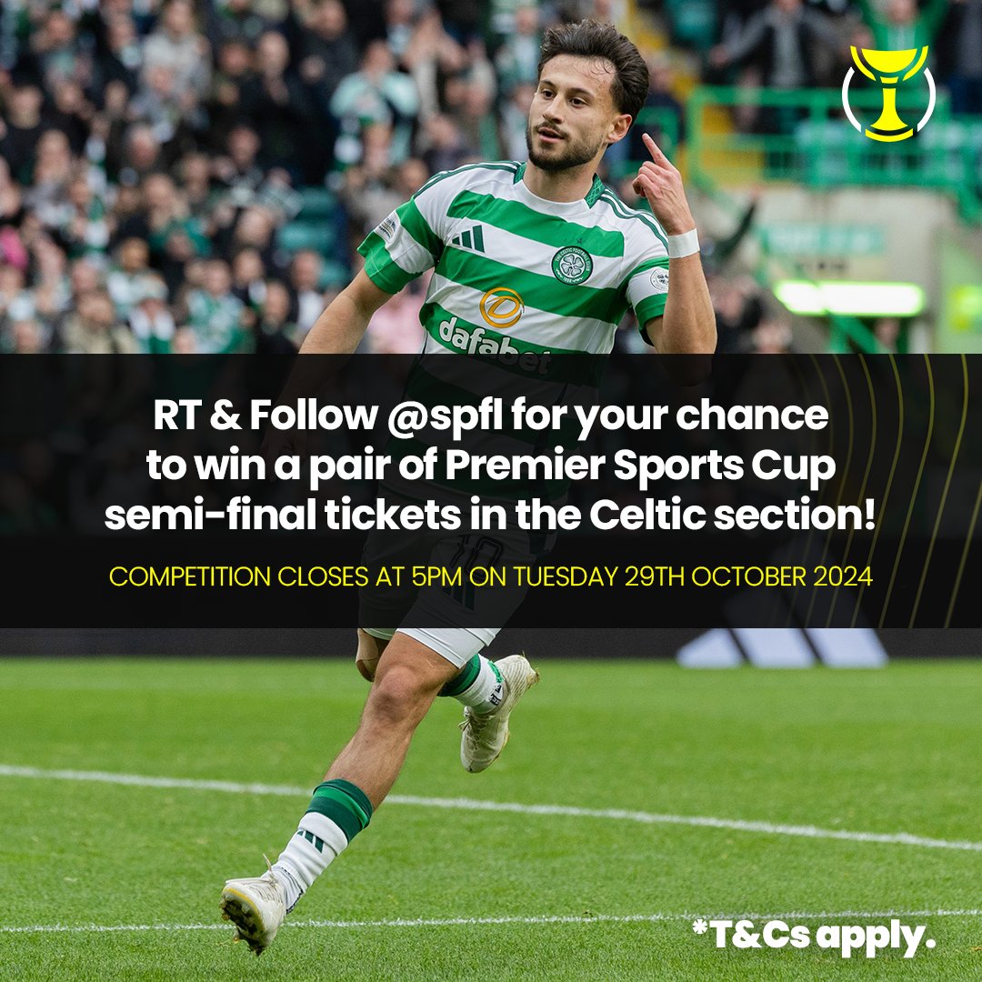 spfl's tweet photo. 🎫 WIN a pair of Premier Sports Cup semi-final tickets in the @CelticFC section!

RT &amp; follow @spfl for your chance to win. Competition closes Tuesday 29th October 2024, 5pm.

Hit the link for full T&amp;Cs.