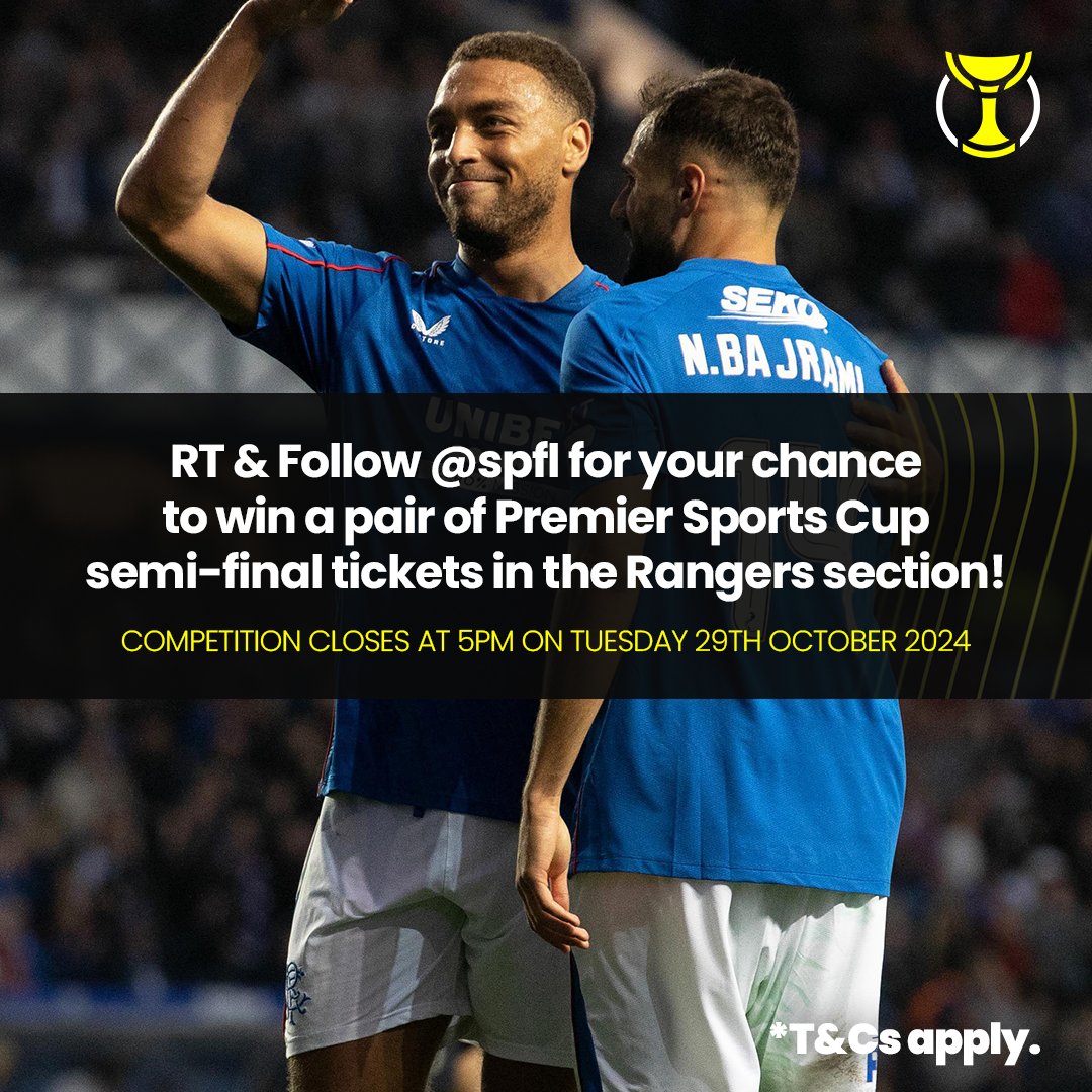 spfl's tweet photo. 🎫 WIN a pair of Premier Sports Cup semi-final tickets in the @RangersFC section!

RT &amp; follow @spfl for your chance to win. Competition closes Tuesday 29th October 2024, 5pm.

Hit the link for full T&amp;Cs.