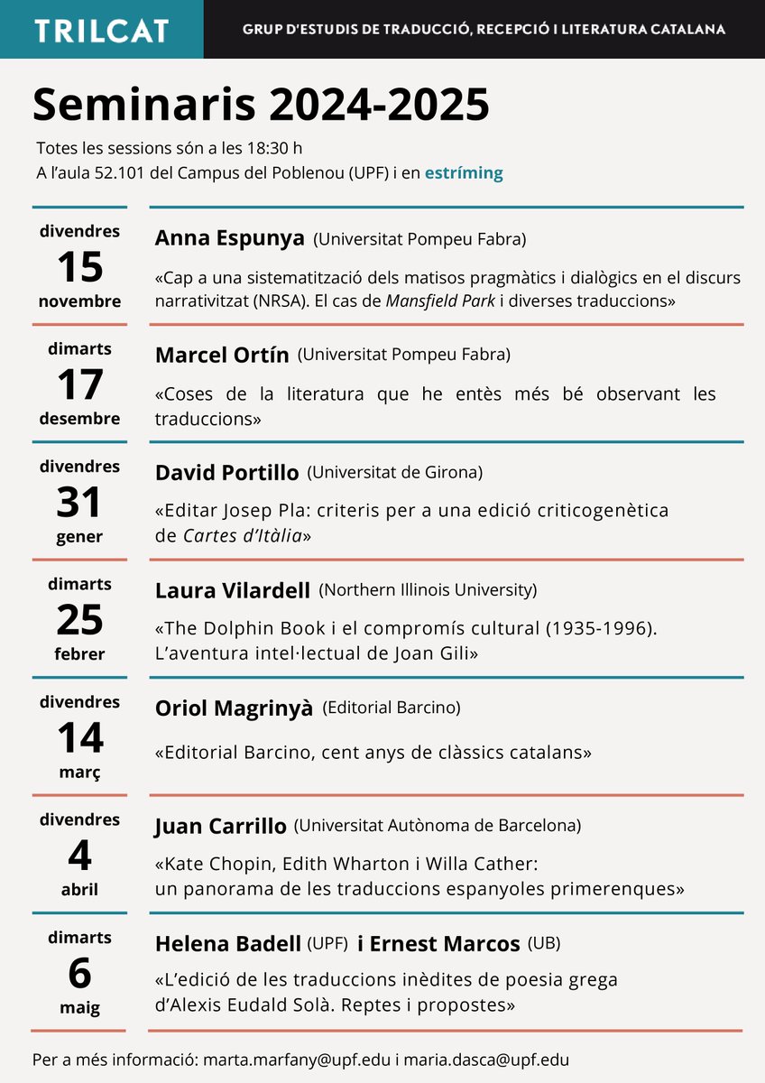 Traducció UPF (@traduccioupf) on Twitter photo 📢 Primer Seminari del #TRILCAT del curs 2024-2025 «Cap a una sistematització dels matisos pragmàtics i dialògics en el discurs narrativitzat (NRSA). El cas de Mansfield Park i diverses traduccions»‼️
📅 15/11/2024
🕞 18.30
📍 52.101 i en línia
🎙️ Anna Espunya (<a href="/TraduccioUPF/">Traducció UPF</a>) 📢 Primer Seminari del #TRILCAT del curs 2024-2025 «Cap a una sistematització dels matisos pragmàtics i dialògics en el discurs narrativitzat (NRSA). El cas de Mansfield Park i diverses traduccions»‼️
📅 15/11/2024
🕞 18.30
📍 52.101 i en línia
🎙️ Anna Espunya (<a href="/TraduccioUPF/">Traducció UPF</a>)