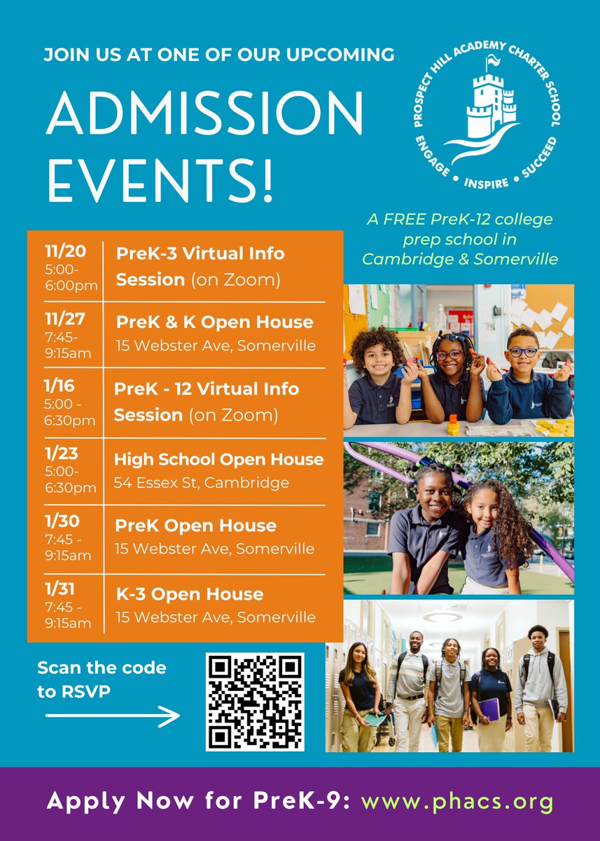 Interested in applying to PHA? Join us at one or more of our upcoming admissions events and learn about our FREE PreK-12 college prep school in Cambridge &amp; Somerville. RSVP: phacs.org/apps/form/admi…