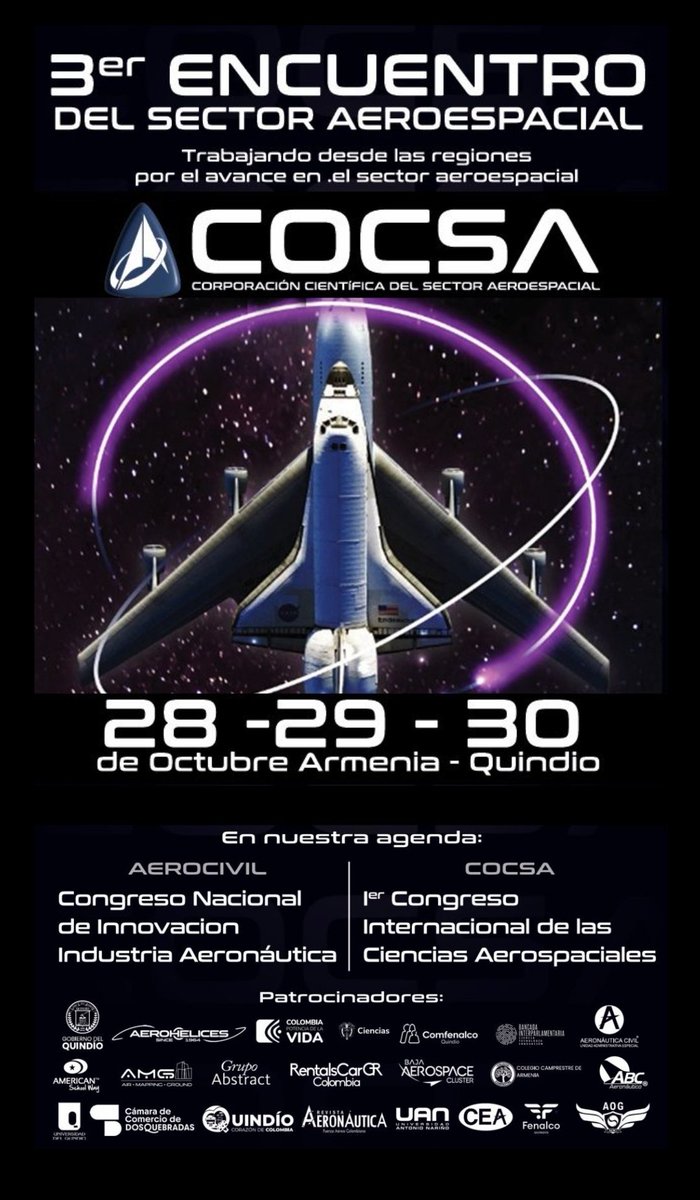 Muchos exitos a nuestra organización hermana <a href="/COCSA_ORG/">COCSA</a> en el desarrollo del 3er Encuentro del Sector Aeroespacial

Aún se pueden inscribir
cocsa.space/1er-congreso-i…
