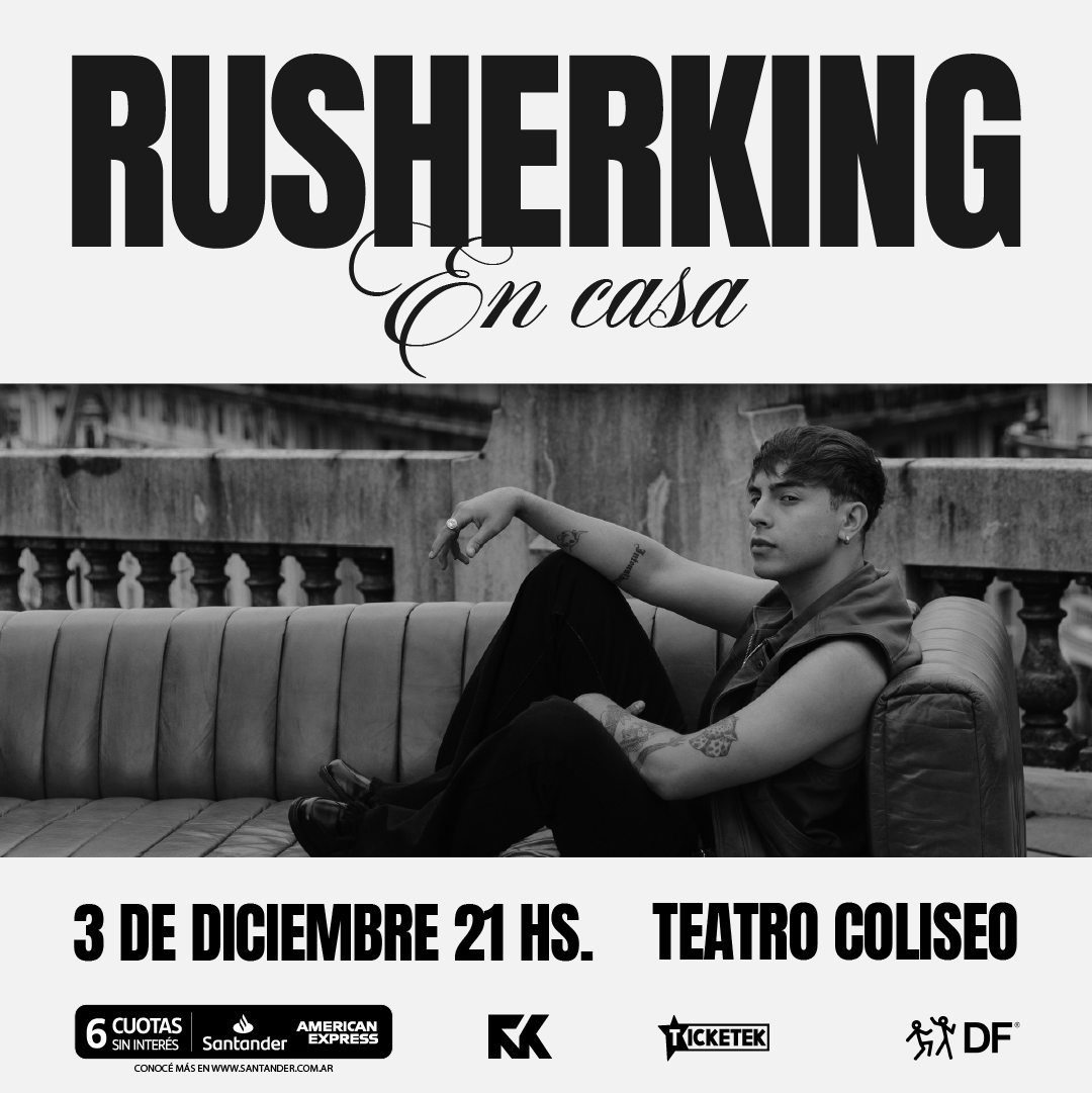 <a href="/rusherkingg/">RUSHER</a>  en el Teatro Coliseo ⚡️

Rusherking invita a sus fans a presenciar un show bien cercano, con sus hits, nuevos lanzamientos y también temas inéditos. ¡No te lo pierdas!

📆 Martes 3 de diciembre, 21h
🎟️ Entradas: <a href="/TicketekAr/">Ticketek Argentina</a>