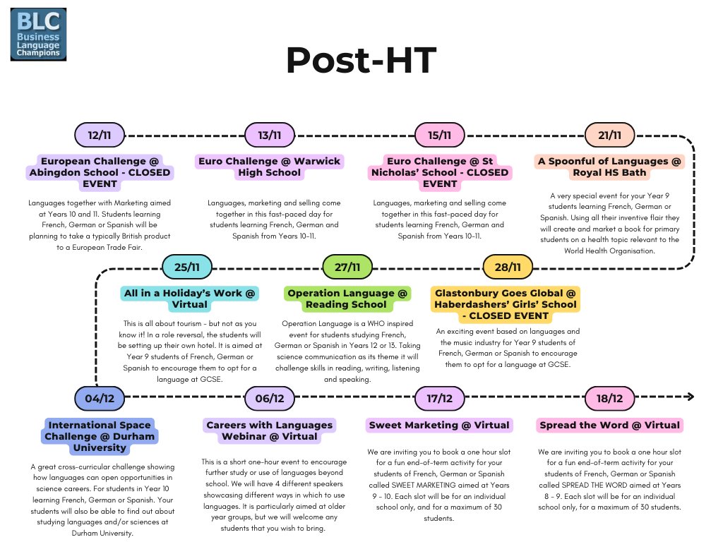 Happy half-term! Hope you're set for #halloween2024!

A reminder of our term card with info on scarily enjoyable events for the rest of the term.

Find more details and sign up for the newsletter here: bit.ly/3zdYpRS - new events added all the time. 

#languages #careers