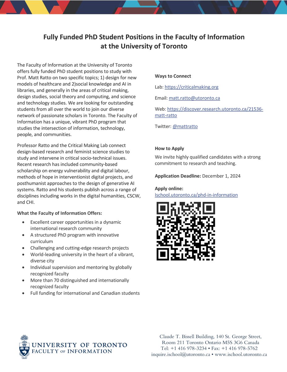 The Faculty of Information <a href="/UofT/">University of Toronto</a> offers fully funded PhD student positions to study w/ Prof. <a href="/mattratto/">Matt ratto</a> on design for new models of healthcare, social knowledge and AI in libraries, critical making, social theory and computing, &amp; STS. Deadline Dec. 1: ischool.utoronto.ca/phd-in-informa…