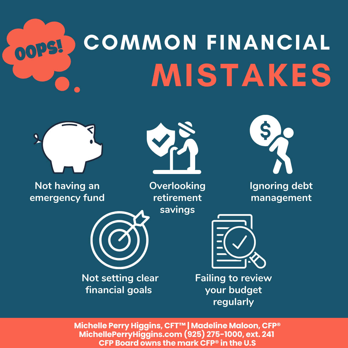 mperryhiggins's tweet photo. Avoid these common financial pitfalls! From neglecting budgeting to overlooking retirement savings, these mistakes can derail your financial goals. 
#financialmistakes #financialfreedom #financialliteracy #financialplanning #topria100 #MoneyLady https://t.co/ZHMMH4jr95