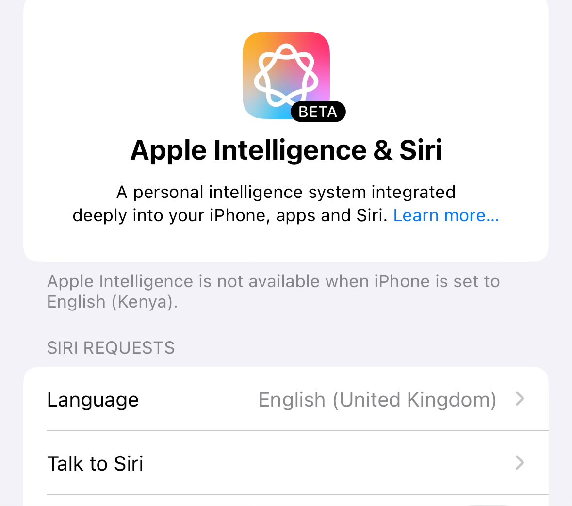 _kenmaina's tweet photo. Apple Intelligence not available in Kenya? https://t.co/lkrqRU6P6Q