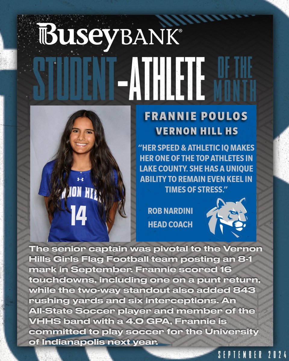 IHSA_IL's tweet photo. 🏅The #IHSA is proud to recognize the Busey Bank Student-Athletes of the Month, honoring students who excel in athletics while also being positive contributors to their school &amp; community.  

📅 SEPTEMBER 24📅
⭐️🏈 Frannie Poulos, Vernon Hills  HS
⭐️⛳️ Jacob Florek, Mascoutah HS https://t.co/V7gEiTXlSi