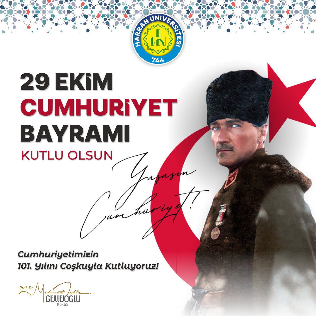 Cumhuriyetimizin 101. yıl dönümünde, başta Gazi Mustafa Kemal Atatürk olmak üzere, vatan toprakları için fedakarlık gösteren gazilerimizi şükranla anıyor, şehitlerimizi rahmet ve saygıyla yad ediyorum. 

29 Ekim Cumhuriyet Bayramı'mız kutlu olsun.