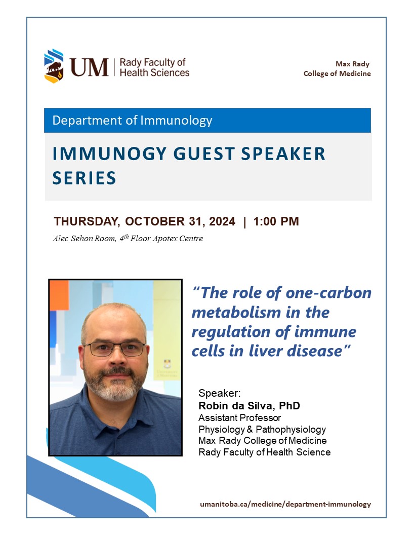 Dept of Immunology @ UofM (@um_immu) on Twitter photo Thursday's lecture features <a href="/robin_dasilva/">Robin da Silva</a> speaking on one-carbon metabolism and liver disease. Join us for this exciting talk!
<a href="/UM_RadyFHS/">U of M Rady Faculty</a> <a href="/um_research/">uManitoba Research</a> <a href="/umanitobasci/">UManitoba Science</a> Thursday's lecture features <a href="/robin_dasilva/">Robin da Silva</a> speaking on one-carbon metabolism and liver disease. Join us for this exciting talk!
<a href="/UM_RadyFHS/">U of M Rady Faculty</a> <a href="/um_research/">uManitoba Research</a> <a href="/umanitobasci/">UManitoba Science</a>