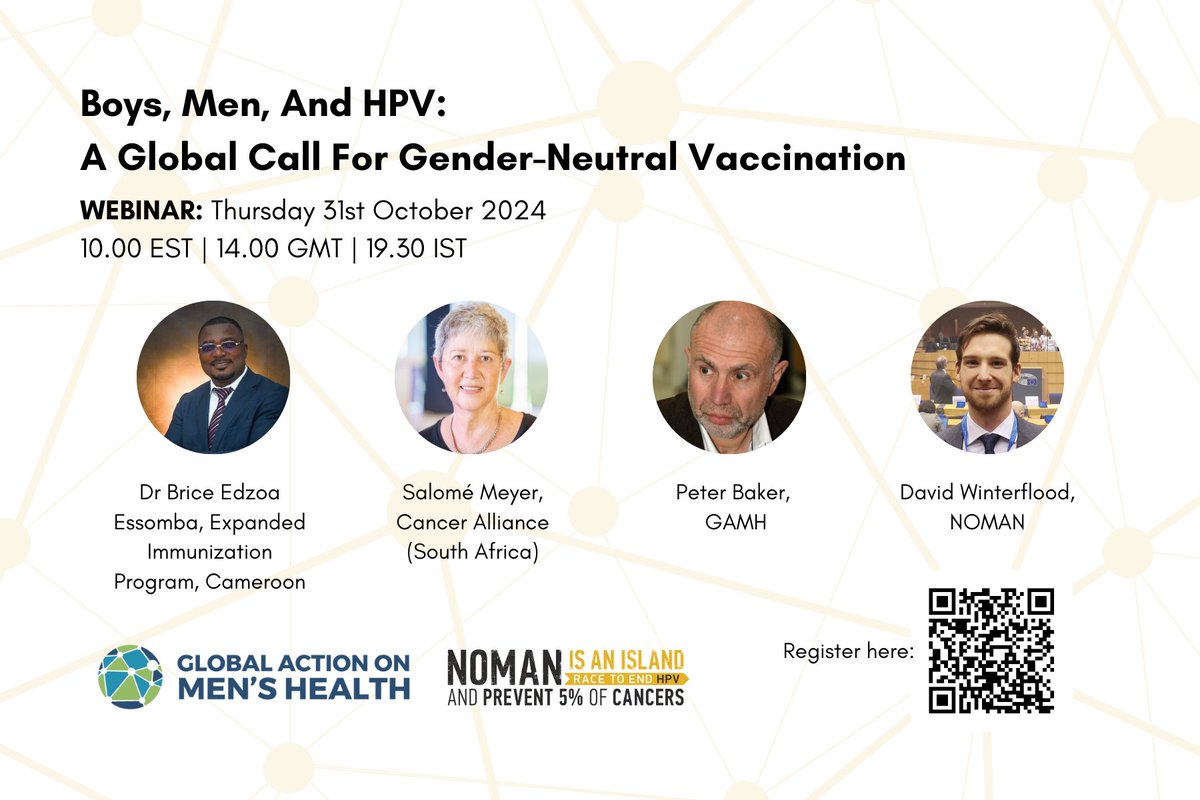 Boys, Men and HPV - why we should be vaccinating boys as well as girls. Find out more about the new GAMH and <a href="/NOMANCampaign/">NOMAN is an Island</a> call for global action at our webinar on 31 October. Register here (it's not too late!): us06web.zoom.us/webinar/regist…. Please re-post.