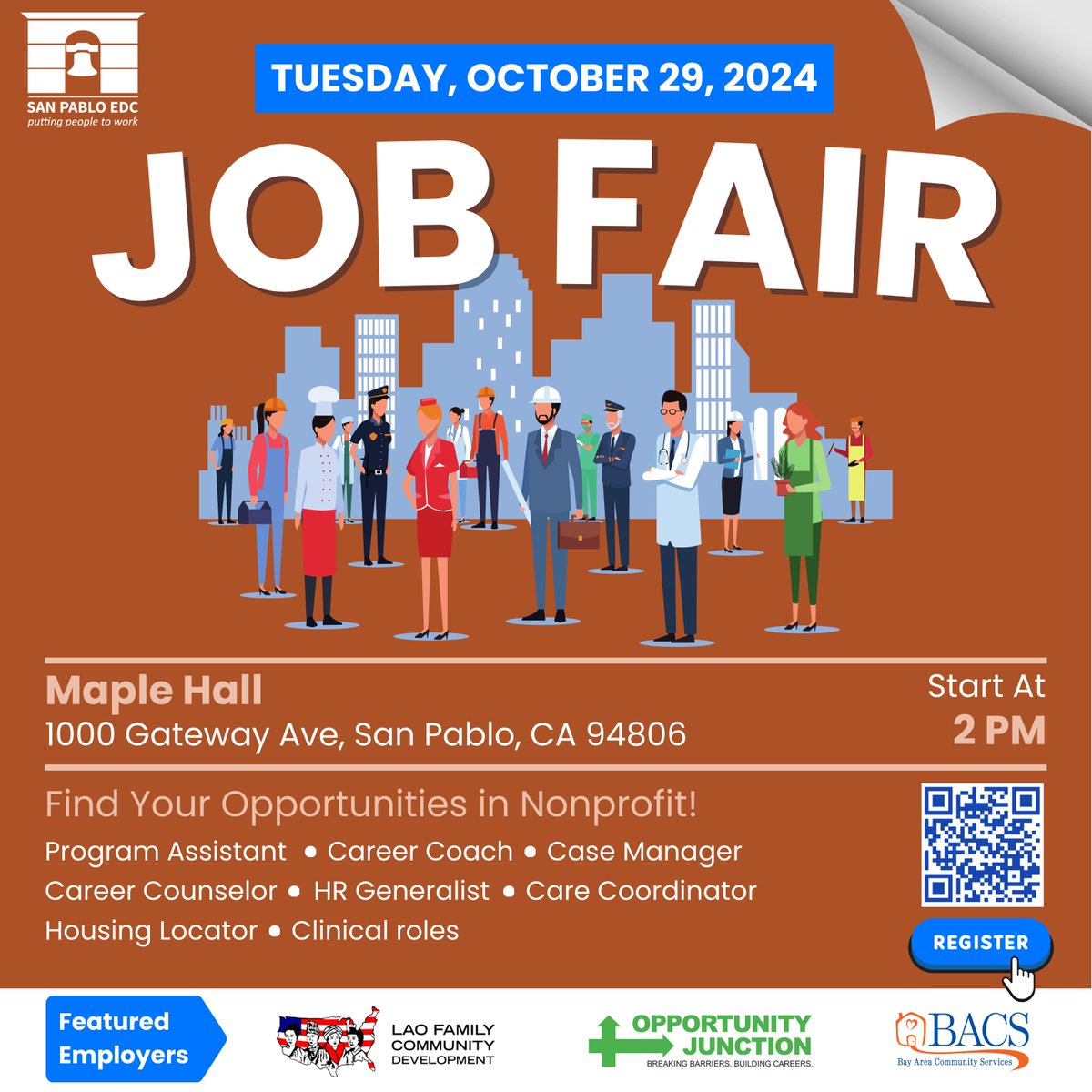 📢 Join us at our Job Fair on October 29, 2024, at 2 PM in Maple Hall, San Pablo!

Meet hiring reps from top nonprofits like Lao Family Community Development, Opportunity Junction, and Bay Area Community Services. 

🎯Bring your resume and get ready to impress! 

#SanPabloEDC