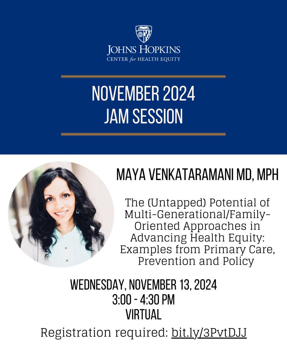 Join us to hear from Maya Venkataramani MD, MPH
as she shares her talk, "The (Untapped) Potential of Multi-Generational/Family-Oriented Approaches in Advancing Health Equity"

📆 Wed., November 13, 2024
🕒 3:00 - 4:30 PM
📍 Virtual
Registration required 🔗 loom.ly/LqITRWs