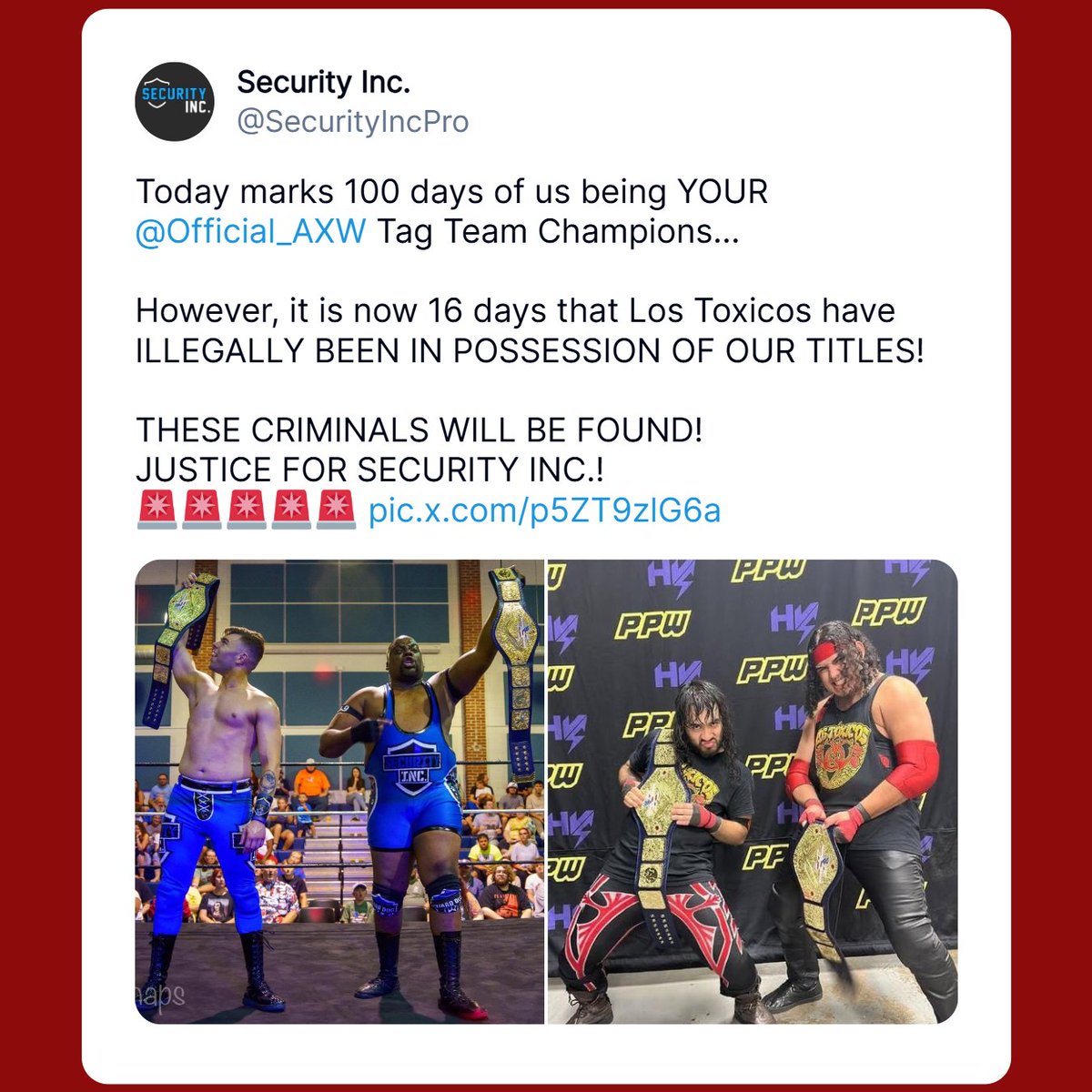 Official_AXW's tweet image. Love or hate @SecurityIncPro, @Official_AXW is NOT happy that the @Official_AXW Tag Team Championships have been stolen by Los Tóxicos!

@Official_AXW has attempted to keep this a private matter, reaching out DIRECTLY, several times, to both @sebbyamor &amp;amp; @IutikSucio. We&apos;ve yet to…